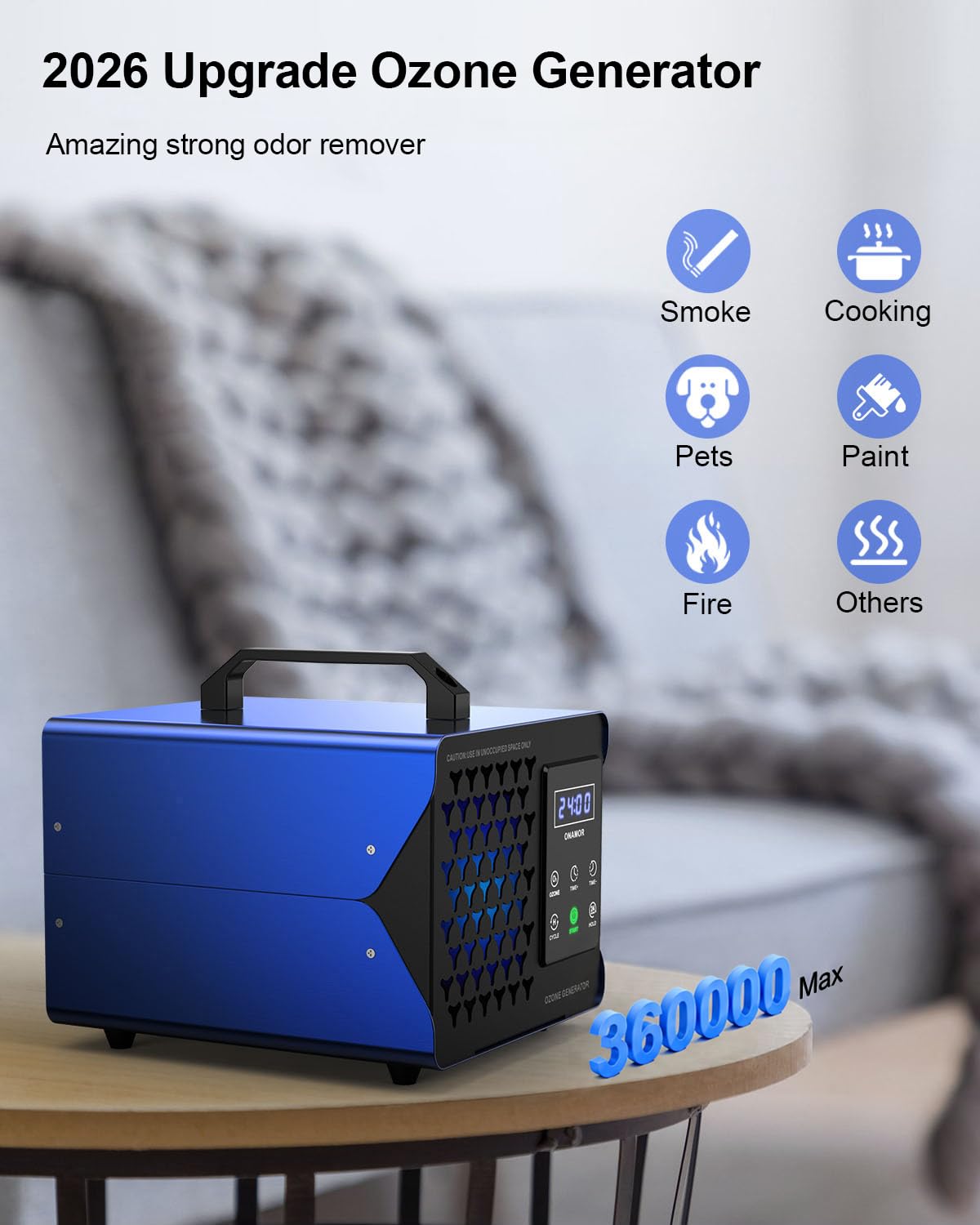 ONAMOR Generador digital de ozono eliminador de olores de 30000 mg/h, máquina de ozono de alta capacidad, eliminador de olores de ozono, desodorante ionizador para el hogar, coche, humo, habitación de
