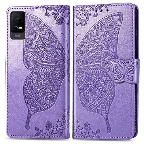 DAMONDY for TCL ION X Flip Case,Butterfly Embossed Flowers PU Leather Magnetic Flip Cover Stand Card Holders Hand Strap Wallet Purse Case for TCL ION X -Light Purple