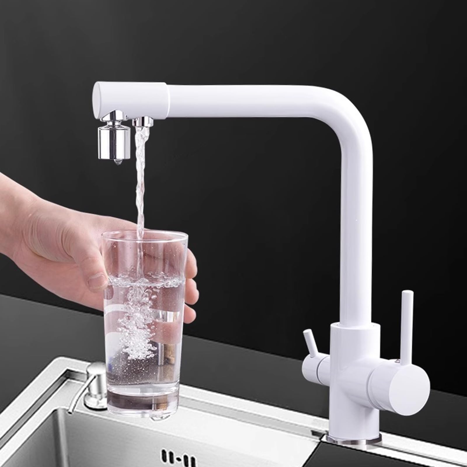 Robinet 3 Voies Filtre A Eau Robinet avec 2 Fonction Jets 360 ° Rotation Blanc