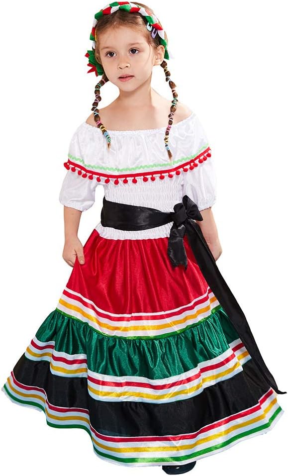 DJFGirl's Mexican Folk Style Classic Long Dress Halloween Costume Children Traditional Off Shoulder Fold Dance Dresses