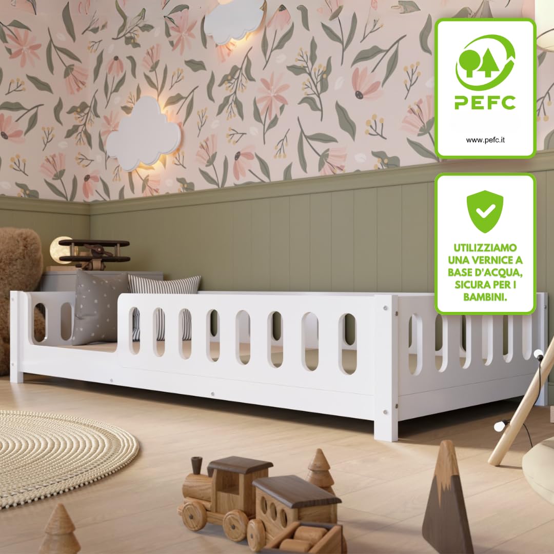 Letto per Bambini 160x80 cm – Letto Montessori a Pavimento Bianco con Barriera in MDF – Sicuro per Bambini Piccoli con Bordi Arrotondati – Ingresso a Sinistra – Crazy Ethan