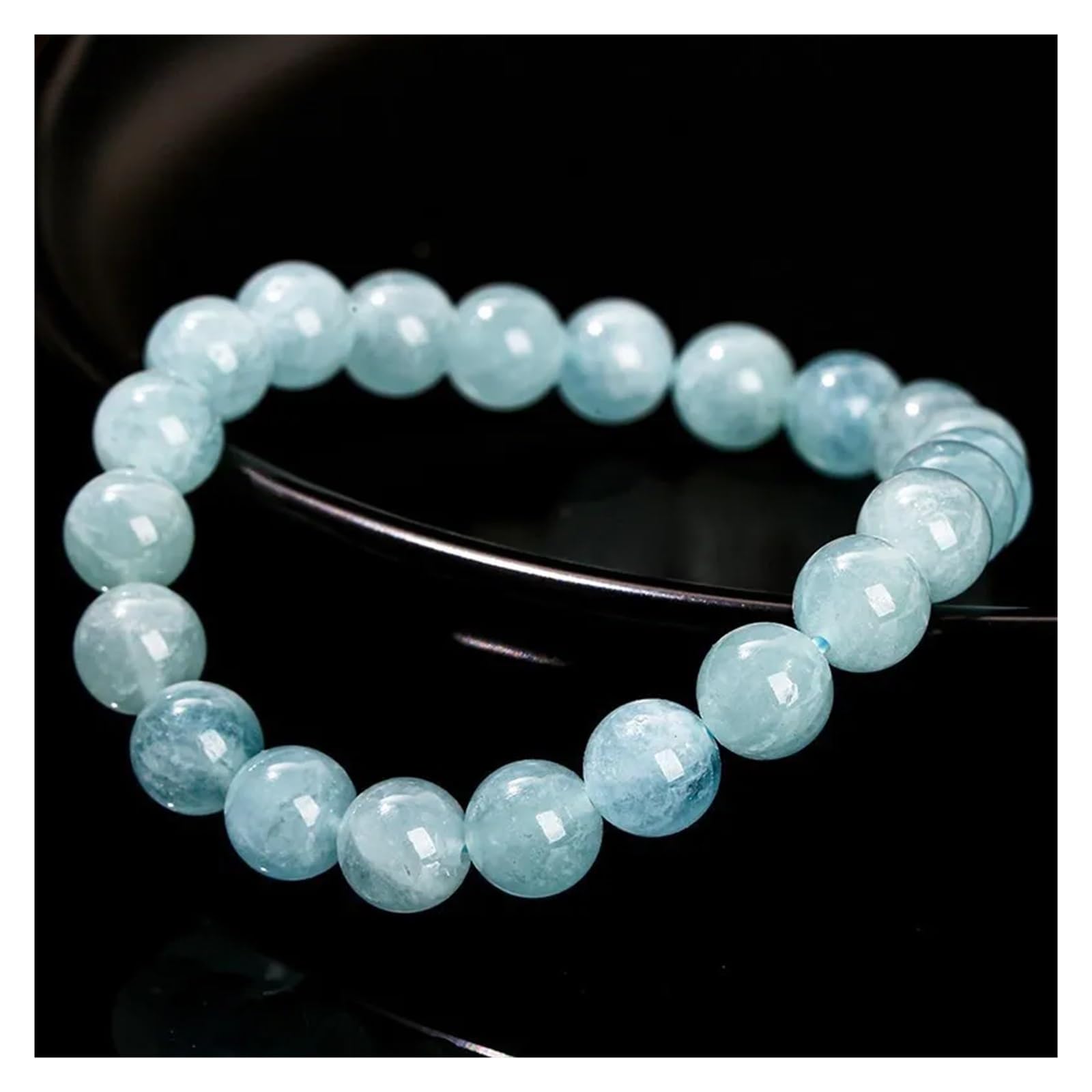 Generico 7A Bracciale con perline rotonde naturali acquamarina Braccialetti elasticizzati in pietra da donna