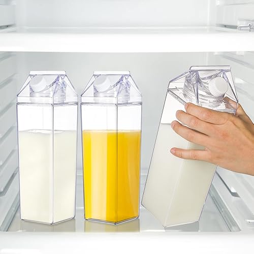 Miniatura 9 de yarlung Paquete de 4 botellas de agua de cartón de leche de 34 onzas, caja de leche de plástico transparente, botella de jugo cuadrada portátil a