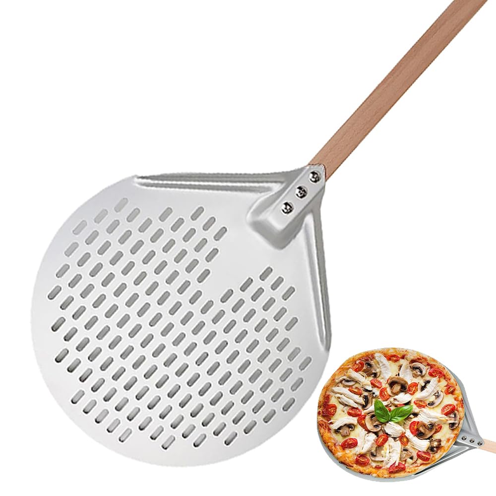 Pizzaschaufel 12/14 Zoll runder Pizzawender, hart eloxiertes Aluminium, perforiertes Pizzapaddel mit Holzgriff, hausgemachte Pizzaschaufel for den Ofen(12inch)