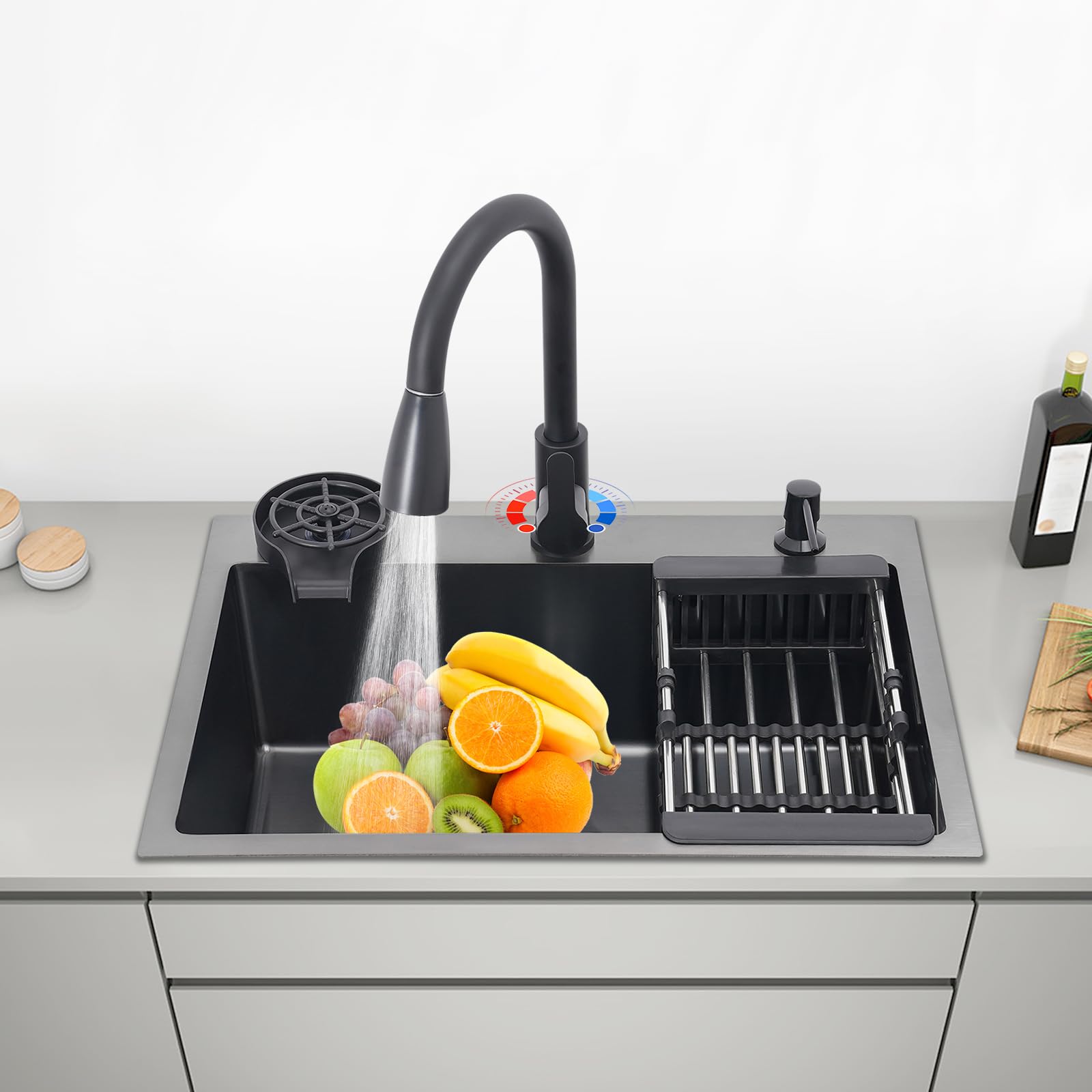 Fregadero de Acero Inoxidable con Lavavasos, Grifo, Dispensador de Jabón y Escurridor, Fregadero de Cocina Negro, Para Cocinas Industriales, Hogares Particulares, Granjas y Patios Traseros