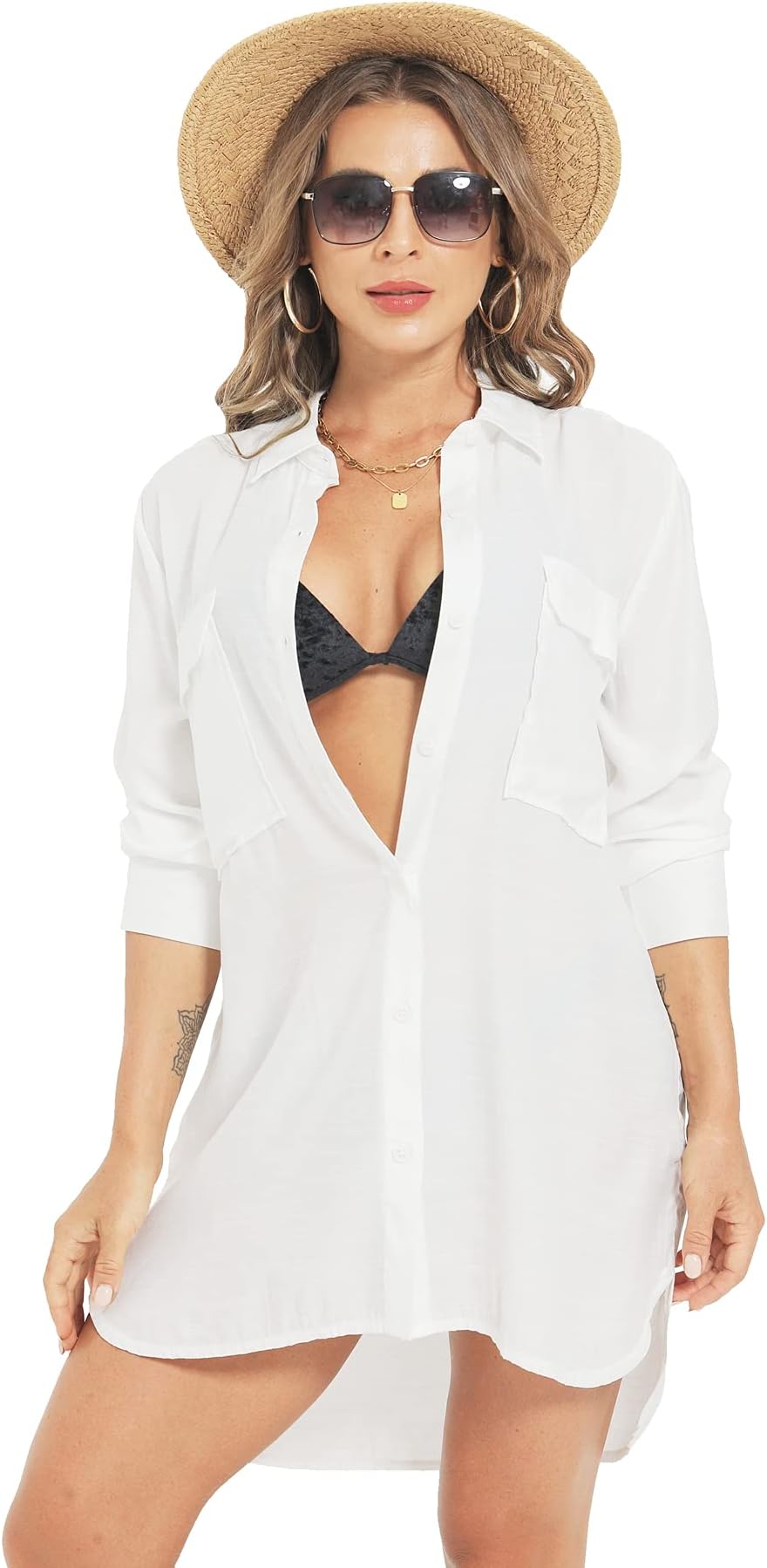 Zoye ChenWomen’s Bikini Swimsuit Cover Up, Button Down V Neck Beach Shirts,Long Sleeve Beach Coverups Beachwear for Women