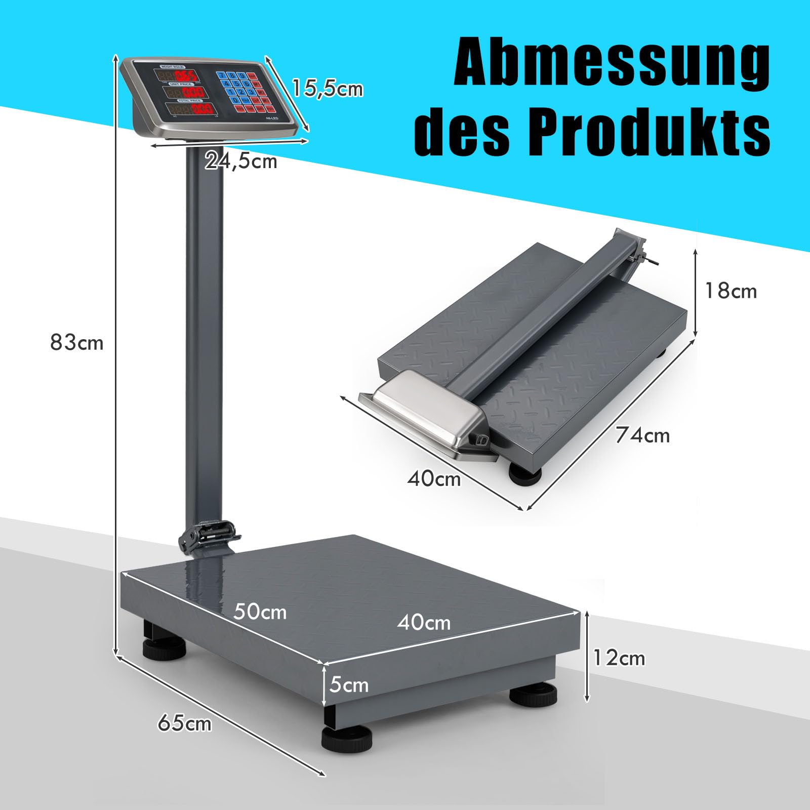GOPLUS Digitale Plattformwaage 300kg/50g, Paketwaage mit klappbares Display & verstellbare Füße - Fläche 40 x 50 cm, 3 Speicherplätze, Ladenwaage Industriewaage für Lager/Gepäck (Silbern)