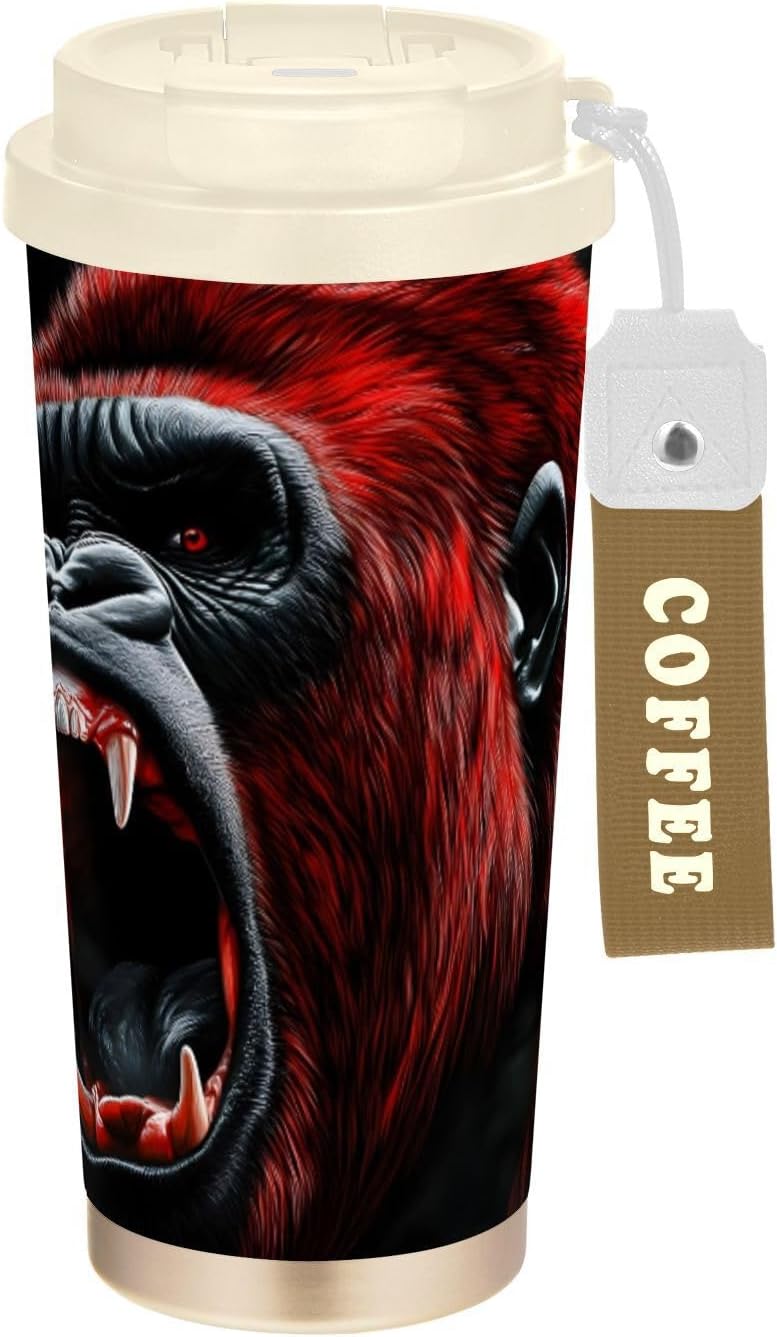 Gorilla Red Roar Insulated Coffee Mug with Straw & Flip Lid, 16.9oz Iced Tumbler Cup, Double Wall Vacuum Leak-Proof Mug for Travel Office