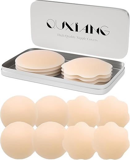 QUXIANG 4 Pairs Pasties Women Nipple Covers Reusable Adhesive Silicone Nippleless Covers (2 Round+2 Flower) Beige