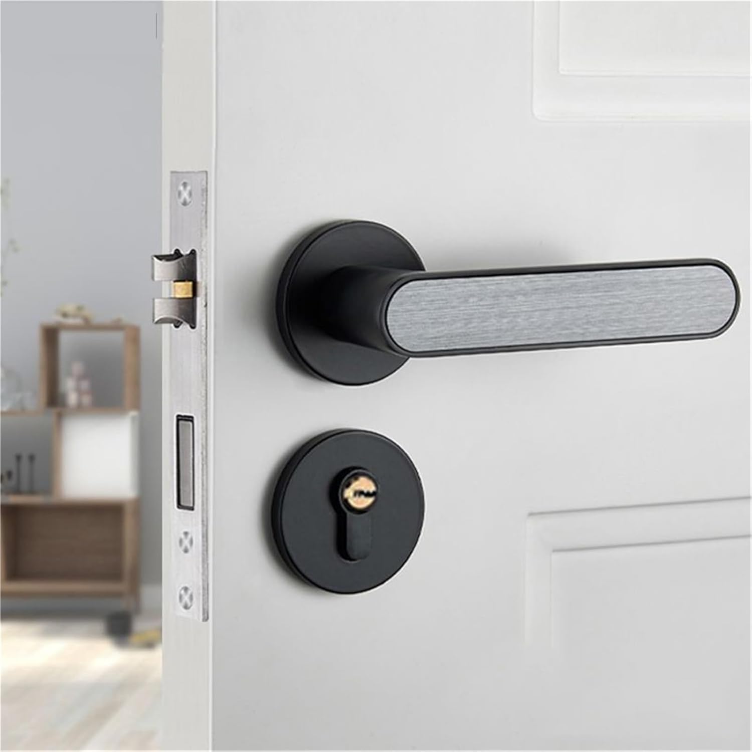 Interior Silent Bathroom Door Lock Zinc Alloy Bedroom Door Handle Locks Deadbolt Lock Mute Mechanical Locks 1Pcs(Black Grey)