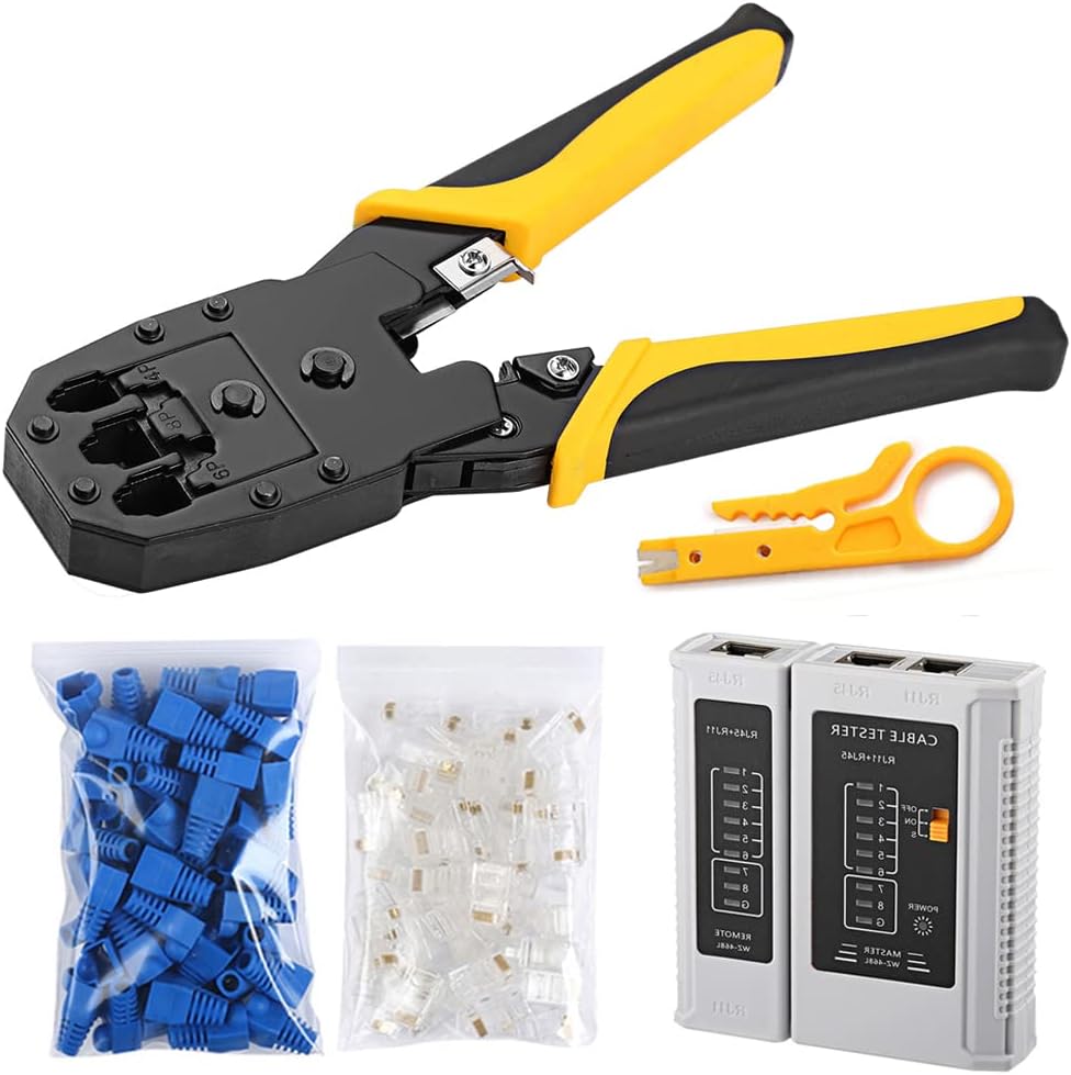 Hiija Lan Cable Tester RJ45 Crimp Tool kit Ethernet Crimper CAT5e CAT5 Crimping Tool with 50PCS RJ45 CAT5 CAT5e Connectors Plug, 50PCS Covers, Network Tool kits