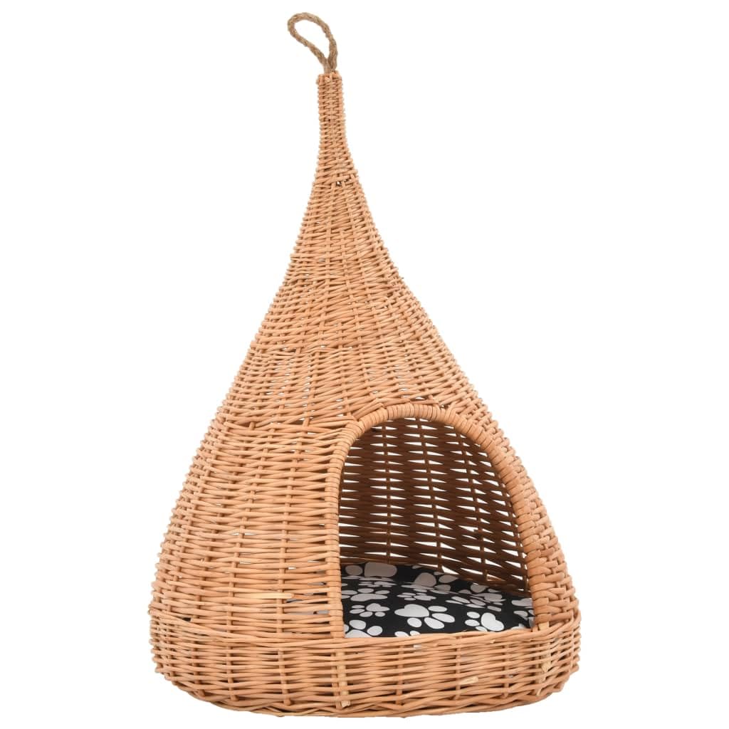 Katzenhaus aus Naturweide, Katzenhöhle Tipi-Design 40x60 cm, handgemachter Katzenkorb zum Aufhängen mit Kissen, Kuschelhöhle für Kätzchen und kleine Katzen
