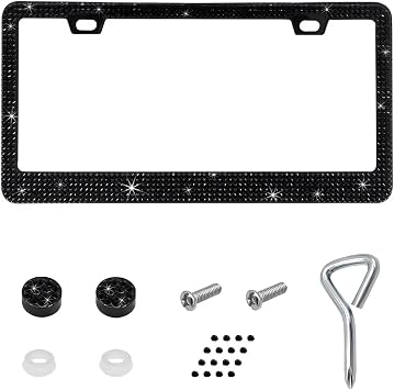 Bling License Plate Frame, Sparkly Bedazzled Auto Tag Holder with Mounting Kit, Handcrafted Crystal Stainless Steel Licence Plate Cover for Women Girls, Car Accessories Black