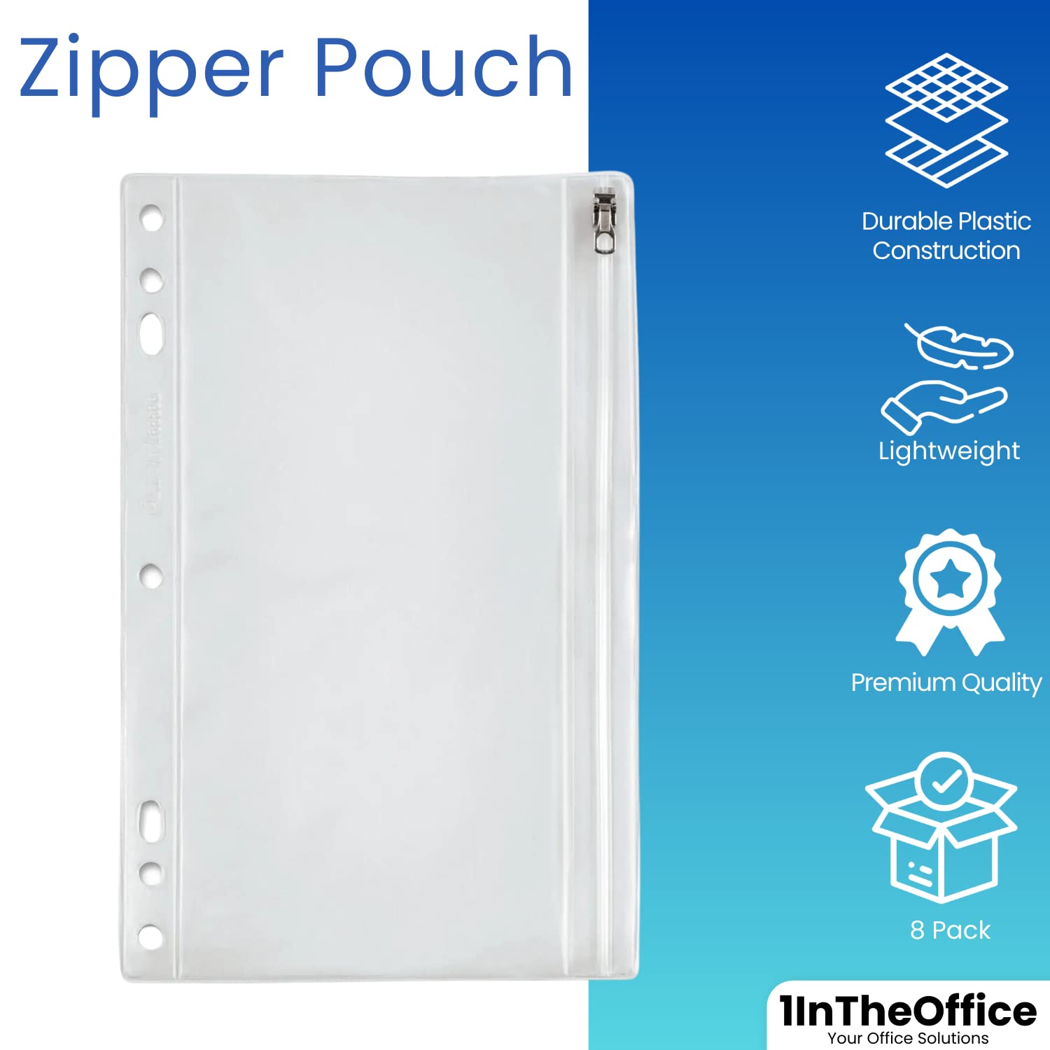 1IntheOffice Estuche transparente para lápices de 3 anillas con cremallera, vinilo, paquete de 8