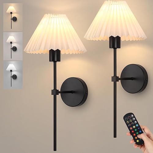 Miniatura 11 de Juego de 2 apliques de pared inalámbricos, pantallas plisadas recargables que funcionan con batería, luces de pared retro de cuello de ganso