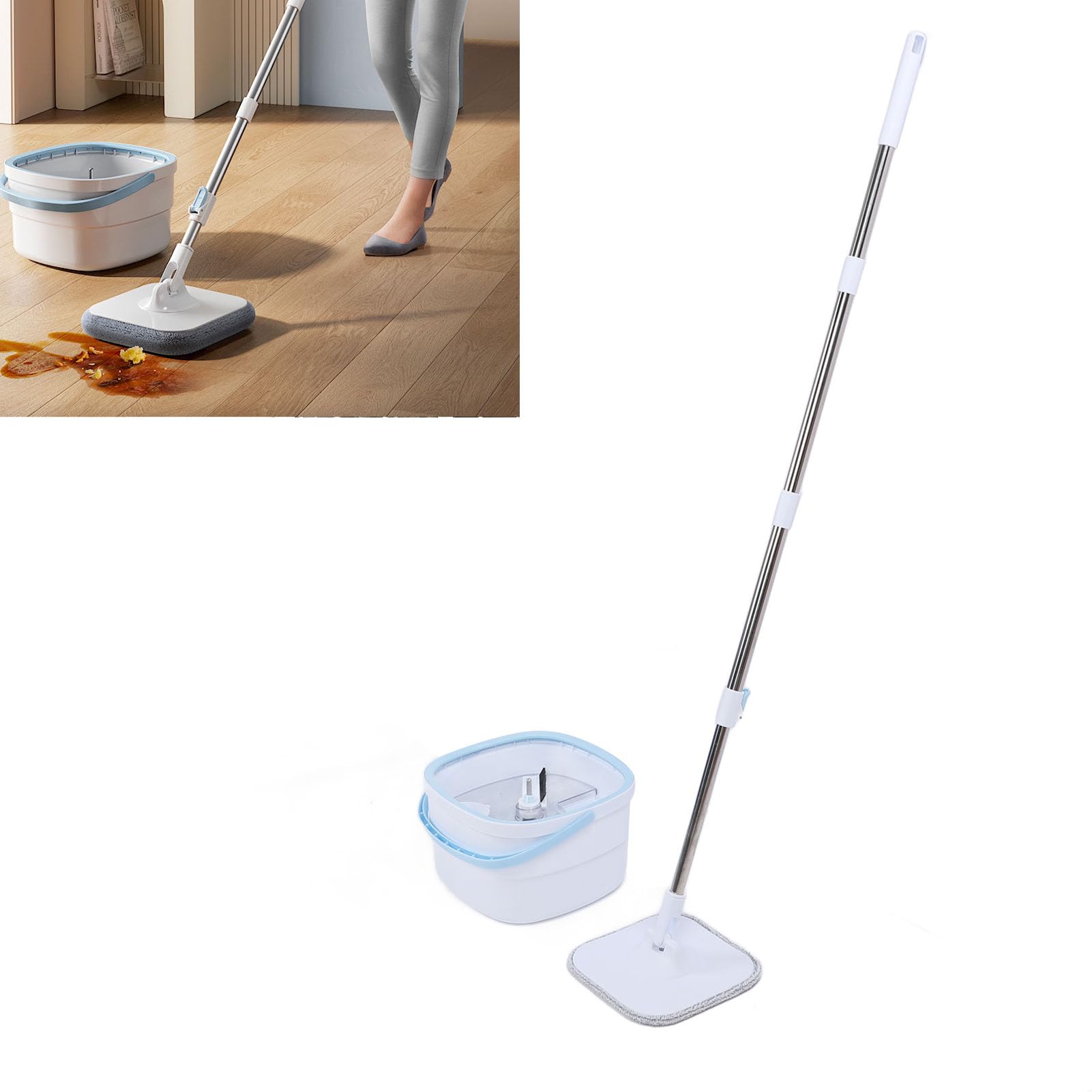 Sxhlseller Juego de Cubos para Fregona Giratoria con Separación Automática |Fregona Cuadrada Giratoria de 360° para Limpieza de Suelos de Baldosas de Madera