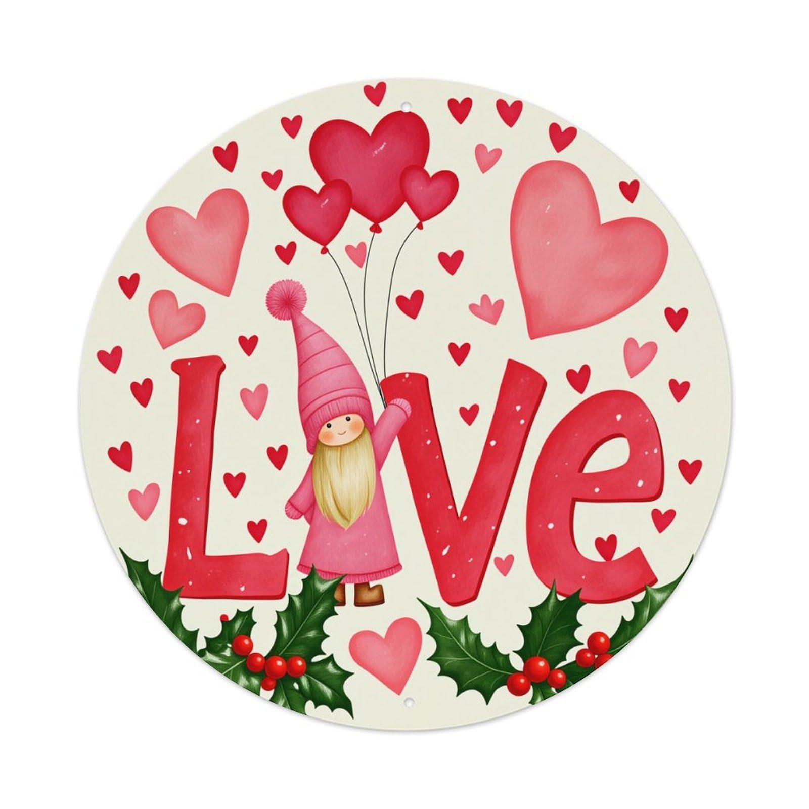 Love Heart Gnome Balloons Holly Round Tin Sign Vintage Metal Poster Retro Bar, Home, Man Cave, Kitchen, Laundry Room Wall Art Decor Gift 8x8In