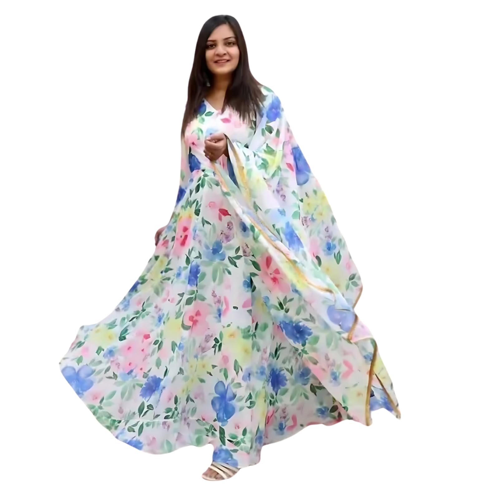 Women's Georgette Dress with V Neck 3/4th Sleeves Floral Print A-Line Line Loose Fit Knee Length and Dupatta Set-image-25