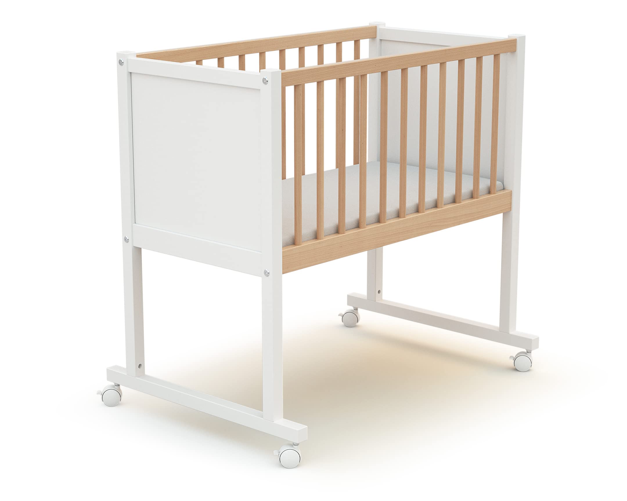 AT4 - Baby Wiege Bett Holz mit Rollen Confort 40 x 80 cm Weiß und lackierte Buche 40 x 80 cm | 86 x 58,5 x 80 cm | Babybett mit Matratze inklusive 40x80x5cm | 4 multidirektionale Räder