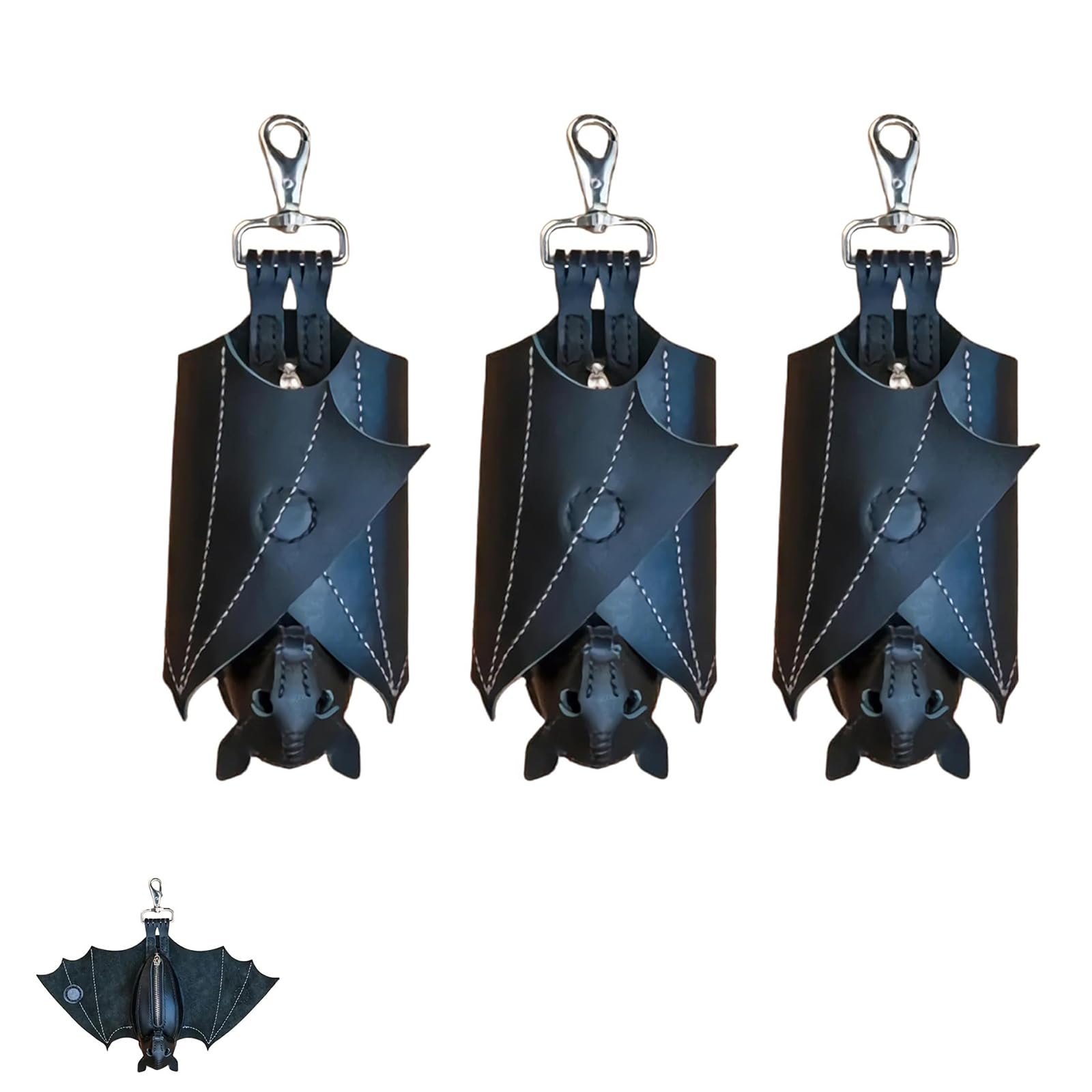 Yacriso Leather Bat Coin Purse, Handmade Folding Bat Wallet with Wings, Realistic Upside-Down Leather Suede Bat Keychain with Zipper Pocket (3pcs)