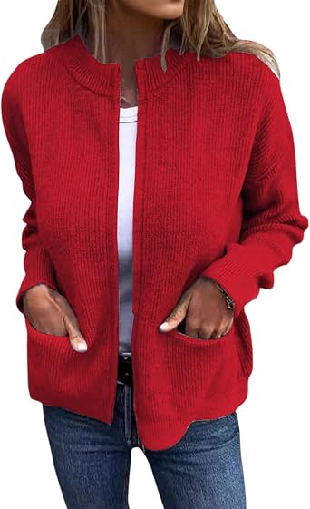 Cardigan Sweaters for Women Zip Up Sweater Jacket Oversized Crew Neck Two Way Zipper Sweater Coats with Pockets