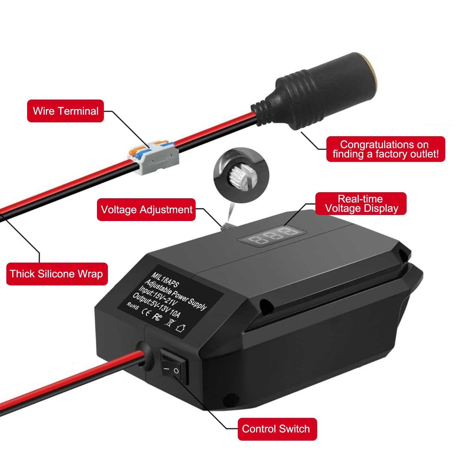Convertisseur abaisseur 18 V à 12 V pour Batterie Einhell 18 V, Tension CC Adaptateur d'alimentation pour Batterie Sortie 5 V-13 V Max. 10 A Prise Allume-Cigare