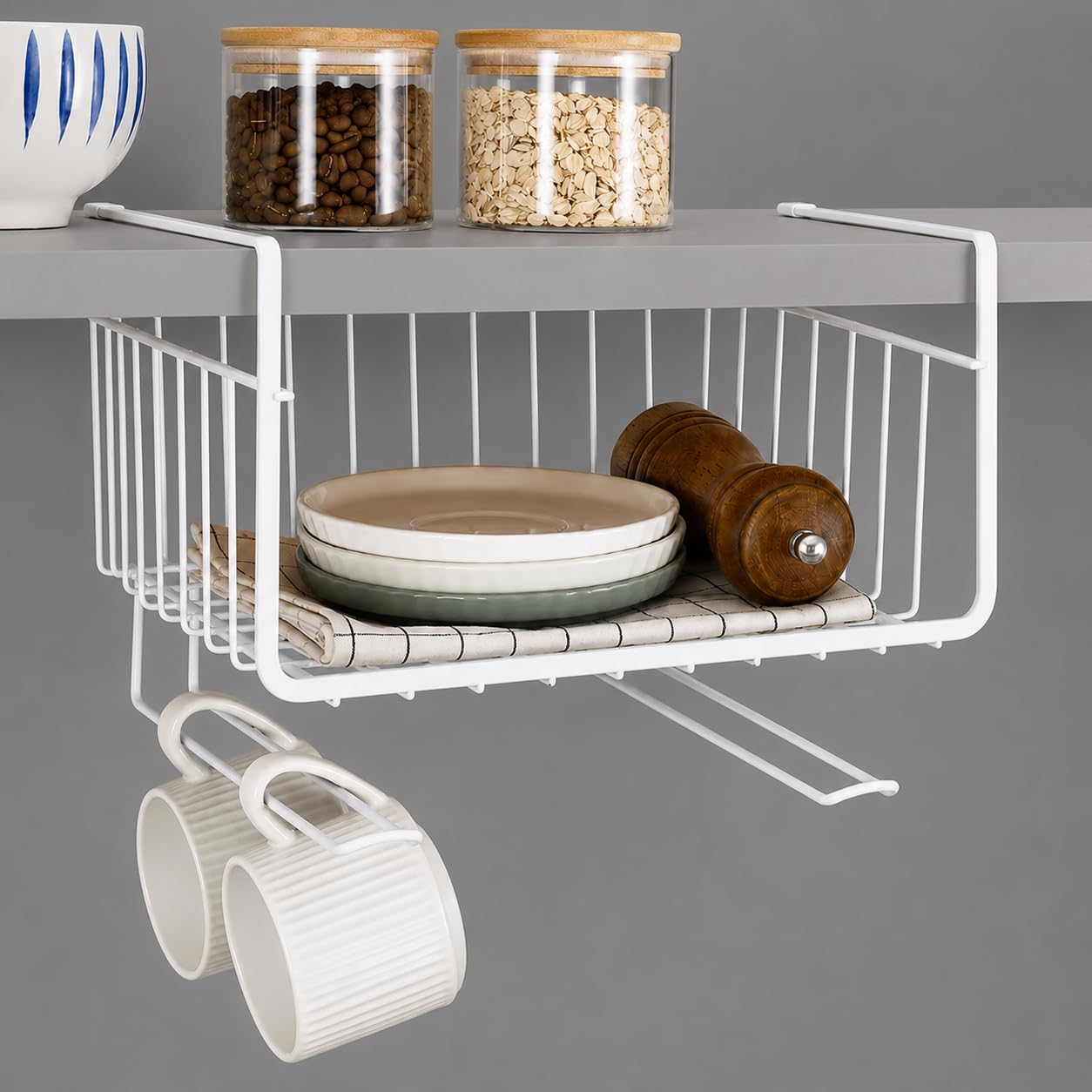 Under Cabinet Hanging Storage Basket, Metal Mesh Shelf Organizer Rack for Kitchen, Pantry, Wardrobe and Office, Space Saving Multipurpose Holder, White (B-WHITE)-image-14