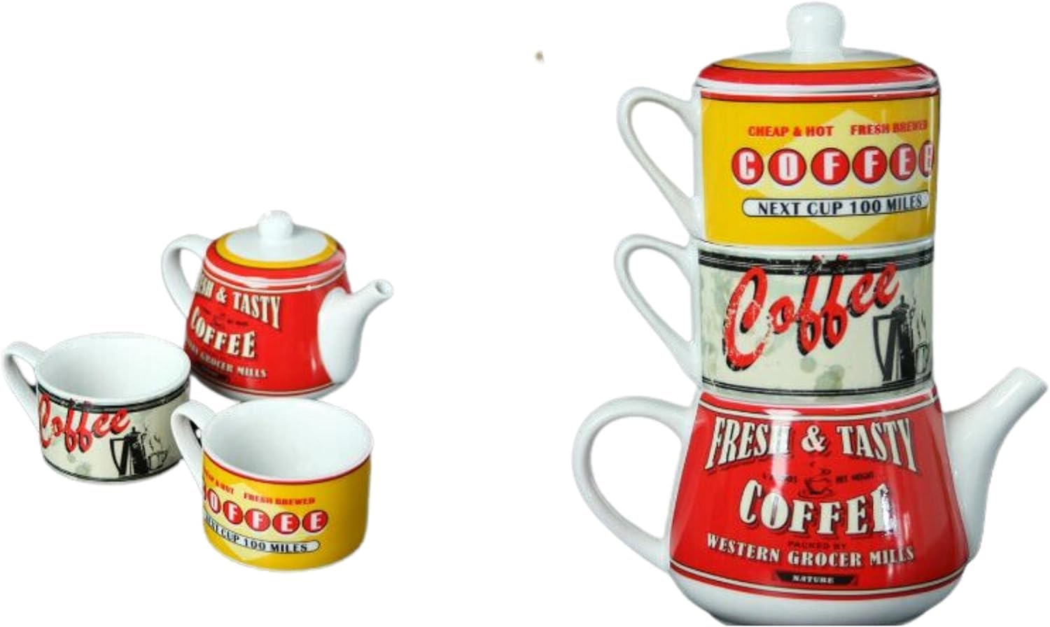 Tasses avec théière empilable DRW vintage en céramique, le cadeau rétro idéal