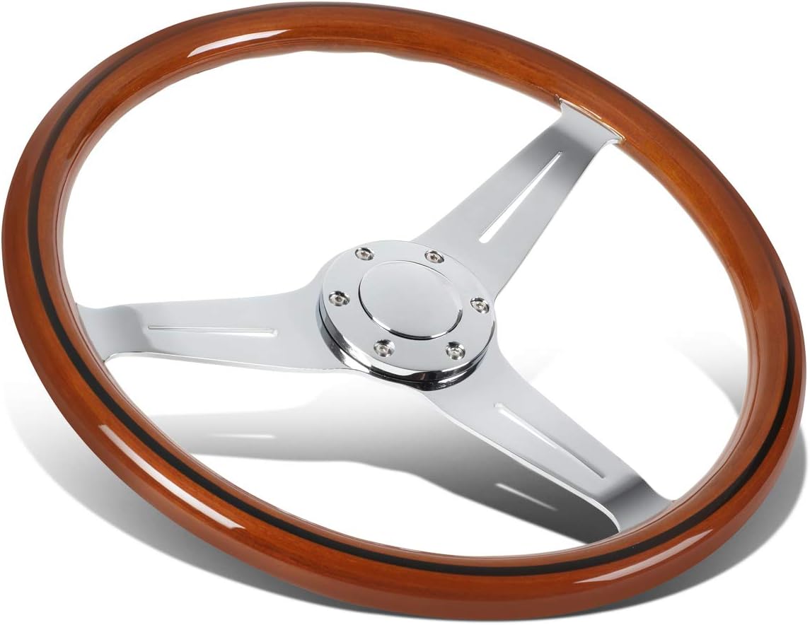 Auto Dynasty 15 Inches Wood Grain Grip Vintage Steering Wheel 2 Inches Deep Dish Stainless Steel Spokes w/Horn Button