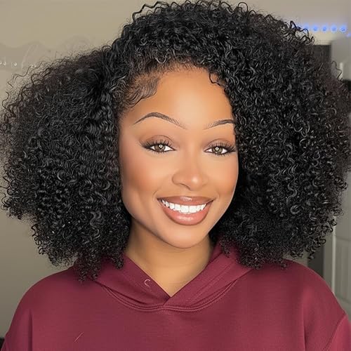 Half Wig Human Hair Kinky Curly Half Wig 3 In 1 Seamless Flip Over Glueless Wig 16 Inch Curly Wigs Human Hair with Drawstring Invisible Hairline Beginner Friendly 200 Density Curly Wig Headband Wig