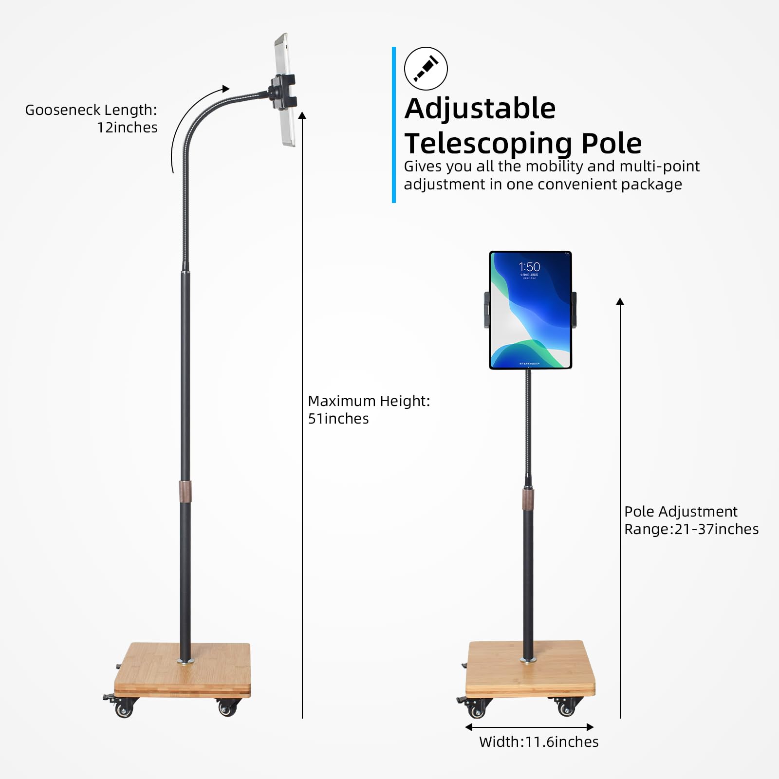 wishacc Tablet ständer für ipad pro 12.9 stativhalterung - Tablet-Bodenständer mit Rollen Schwanenhals Halter mit Einstellbarer Höhe und Stabiler, für mit 4.7-13 Zoll