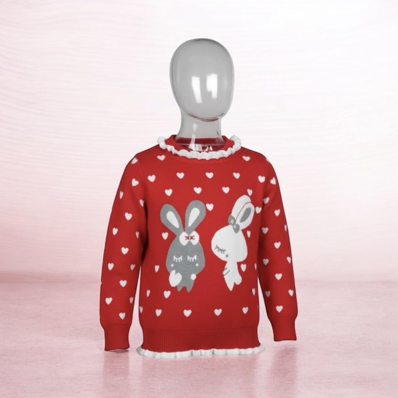 Kids Red Unisex Sweater Bunny Print Crew Neck Warm Winter Pullover Full Sleeve Bust 25 Inch 1