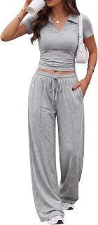 Difficort Women's Two Piece Ribbed Knit Lounge Set - Soft Crop Top & Wide Leg Pants