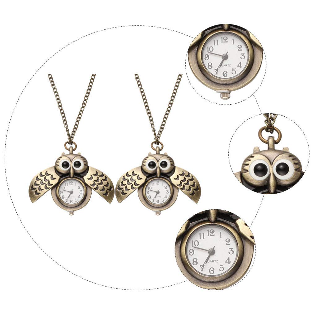 ibasenice 2 Unids Búho Reloj de Bolsillo Vintage Retro Bronce Steampunk Locket Reloj de Bolsillo Colgante Cadena Larga Animal Pájaro Collar de Cuarzo Regalo para Niñas Niños os
