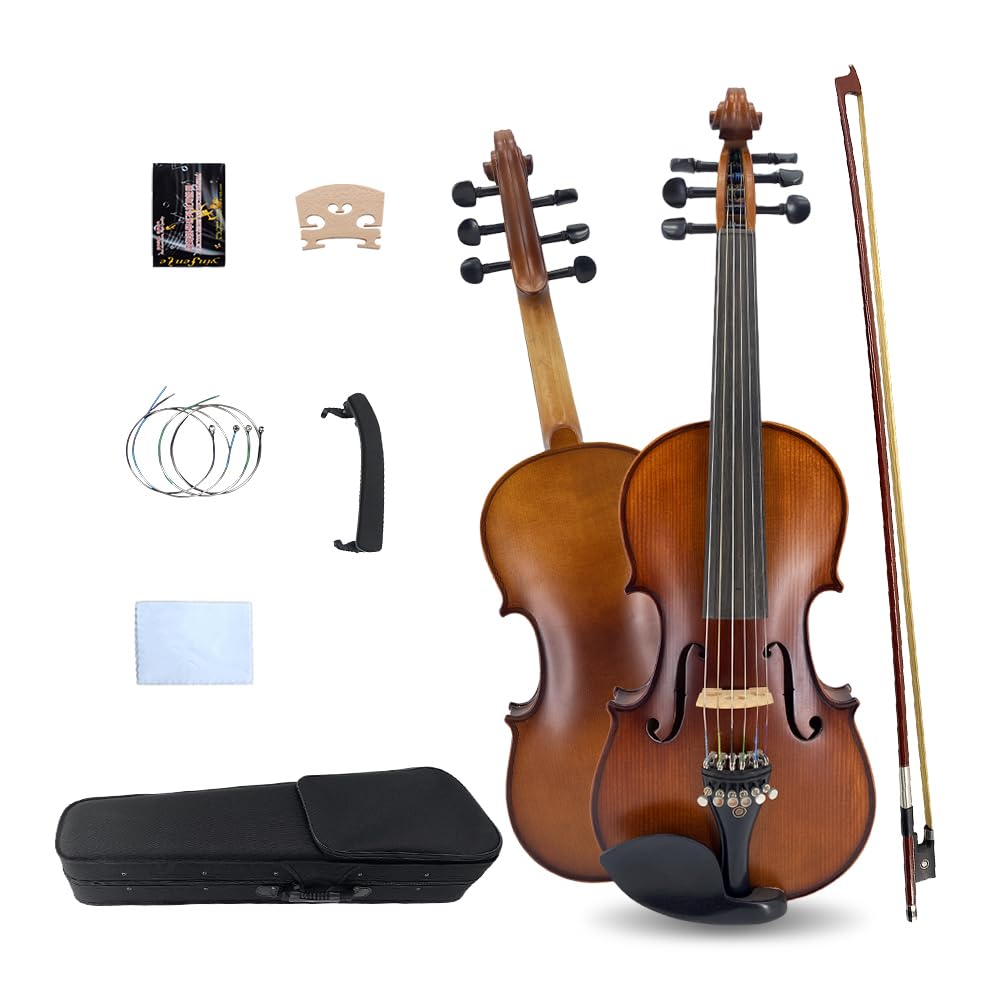 Violino 4/4 Full Size per Adulti, Violino Acustico per Principianti a 5 Corde, Set di Violino con Custodia, Archetto in Legno massello di Acero e Abete Rosso (Cinque accordatori di Precision
