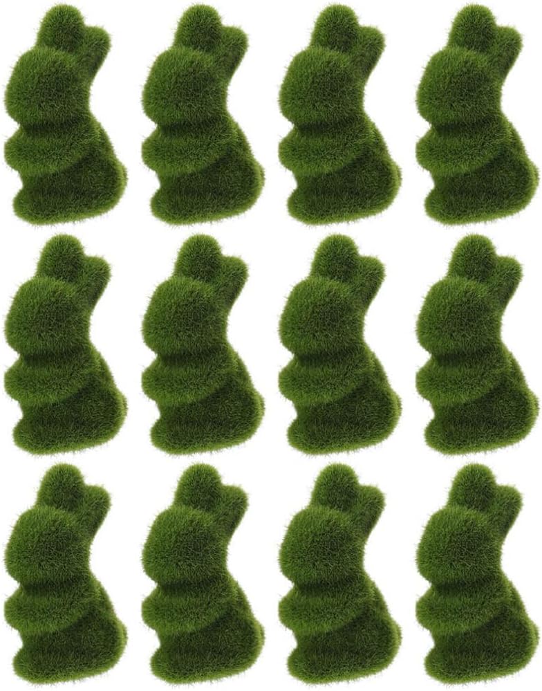 12Pcs Easter Furry Moss Bunnies: 3Inches(8cm) Grass Flocked Mini Rabbit Statues for Baskets Tabletop