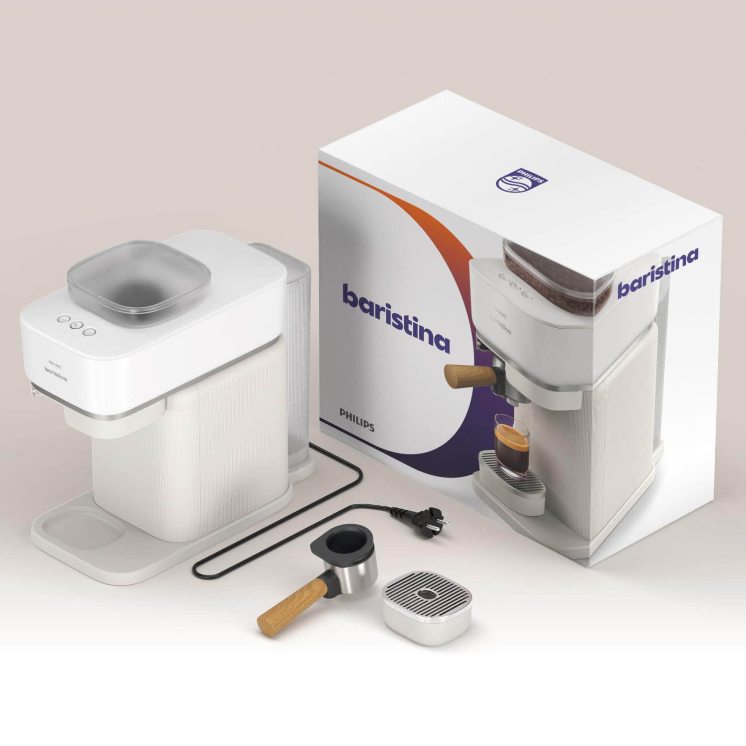 Philips Baristina Machine à expresso, Mouture, tassage et infusion automatiques, 16 bars,Expresso,Lungo, Format compact, Blanc naturel avec porte-filtre en frêne, Machine à café avec broyeur BAR307/20