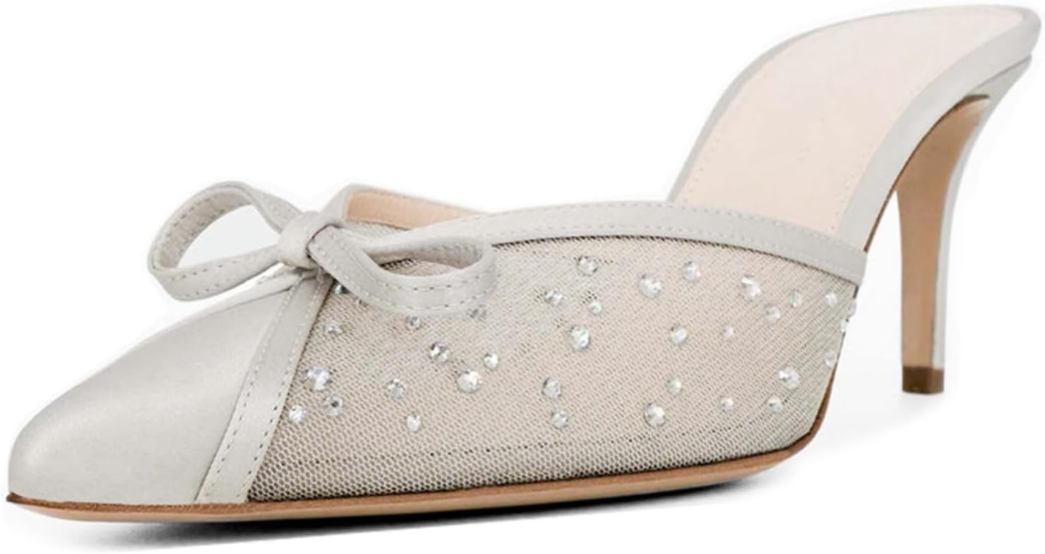 Goolita Bow Crystal Mesh Mule Heels For Women, Closed Pointed Toe Stiletto Slingback Heels Backless Slip On Party Dress Pump Shoes