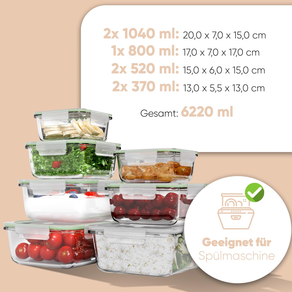 Set de 7 recipientes de vidrio con tapa, aptos para microondas, lavavajillas y congelador. Ideal para preparar y almacenar alimentos en la cocina | C-FHD 4010 G