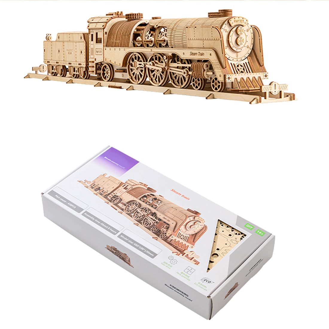 Kit fai da te Steam Train Model Kit meccanico Wind-Up Locomotive con traccia, modello di assemblaggio in legno, collegamento a pistone, set di costruzione educativa, display desktop (413 PCS/smontato)