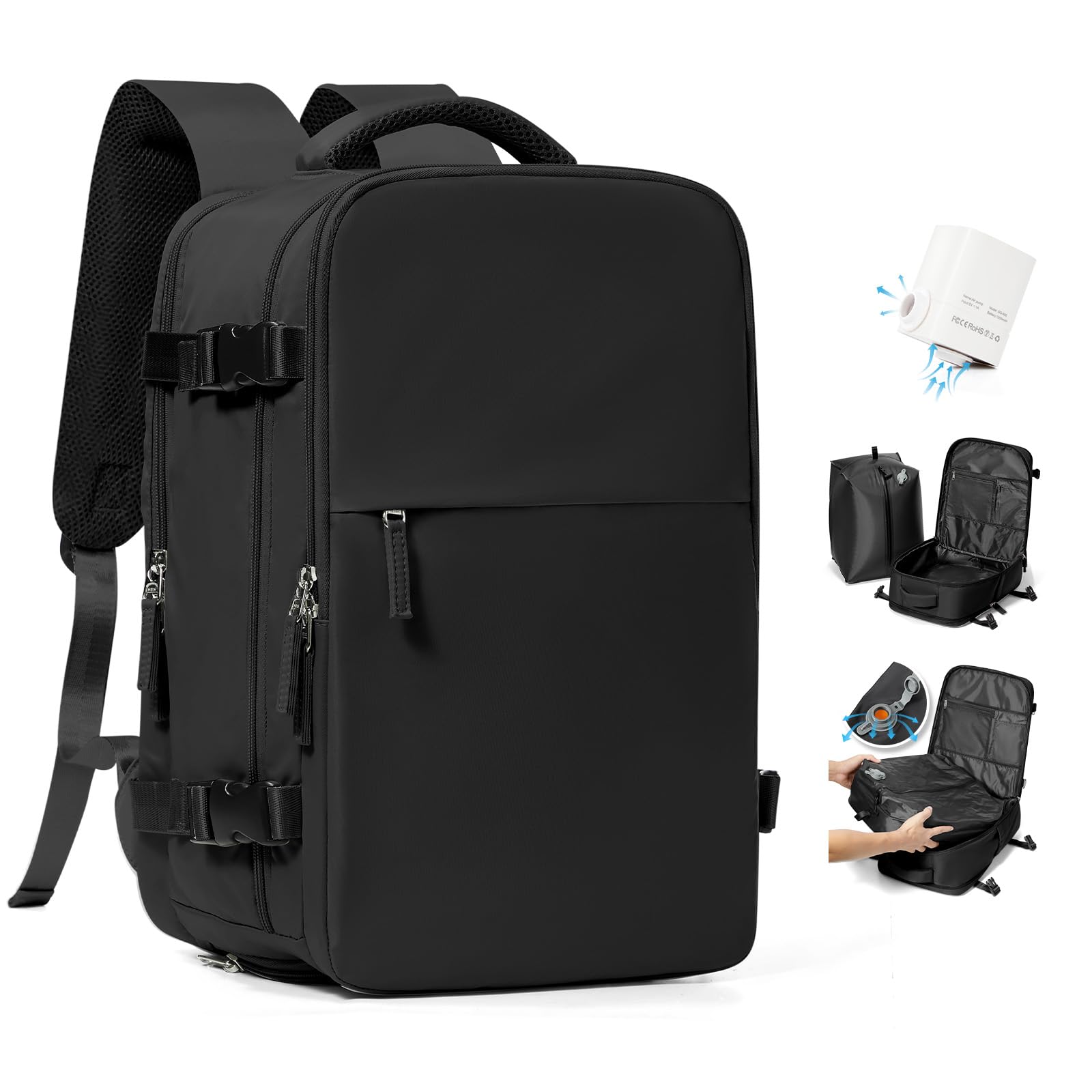 HPLQQ Zaino 40x30x20 per Ryanair Zaino Sottovuoto da Viaggio con Pompa | Aereo Bagaglio a Mano Easyjet Borsa da Cabina per Uomo e Donna Lavoro e Scuola Casual Daypack,M Nero
