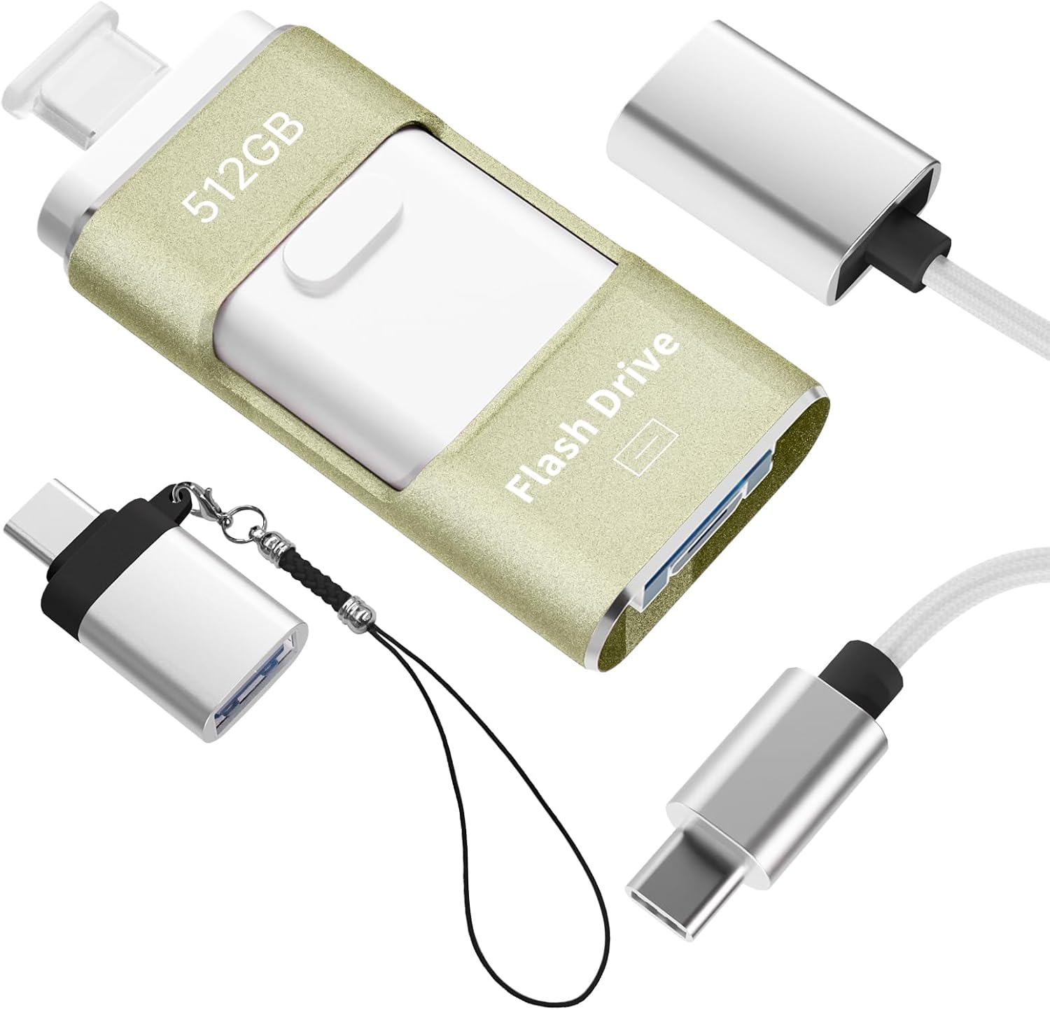 No App Needed 512GB Phone Photo Stick, 4in1 USB Flash Drive,USB 3.0 External Storage Stick with USB-C Cable,Lanyard & USB-C Adapter, Compatible with iOS Android PC (Green)