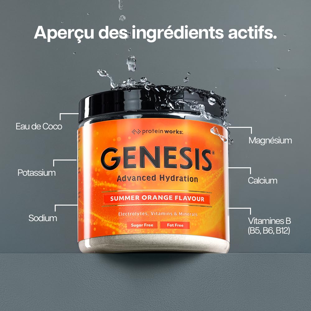 Protein Works | Genesis Electrolytes Hydratation, Orange d'Été, 210g | Poudre d'Électrolytes Sans Sucre, Avec Eau de Coco, Sodium, Magnésium, Vitamines C, B12, B6, B5, Végan, 30 Portions