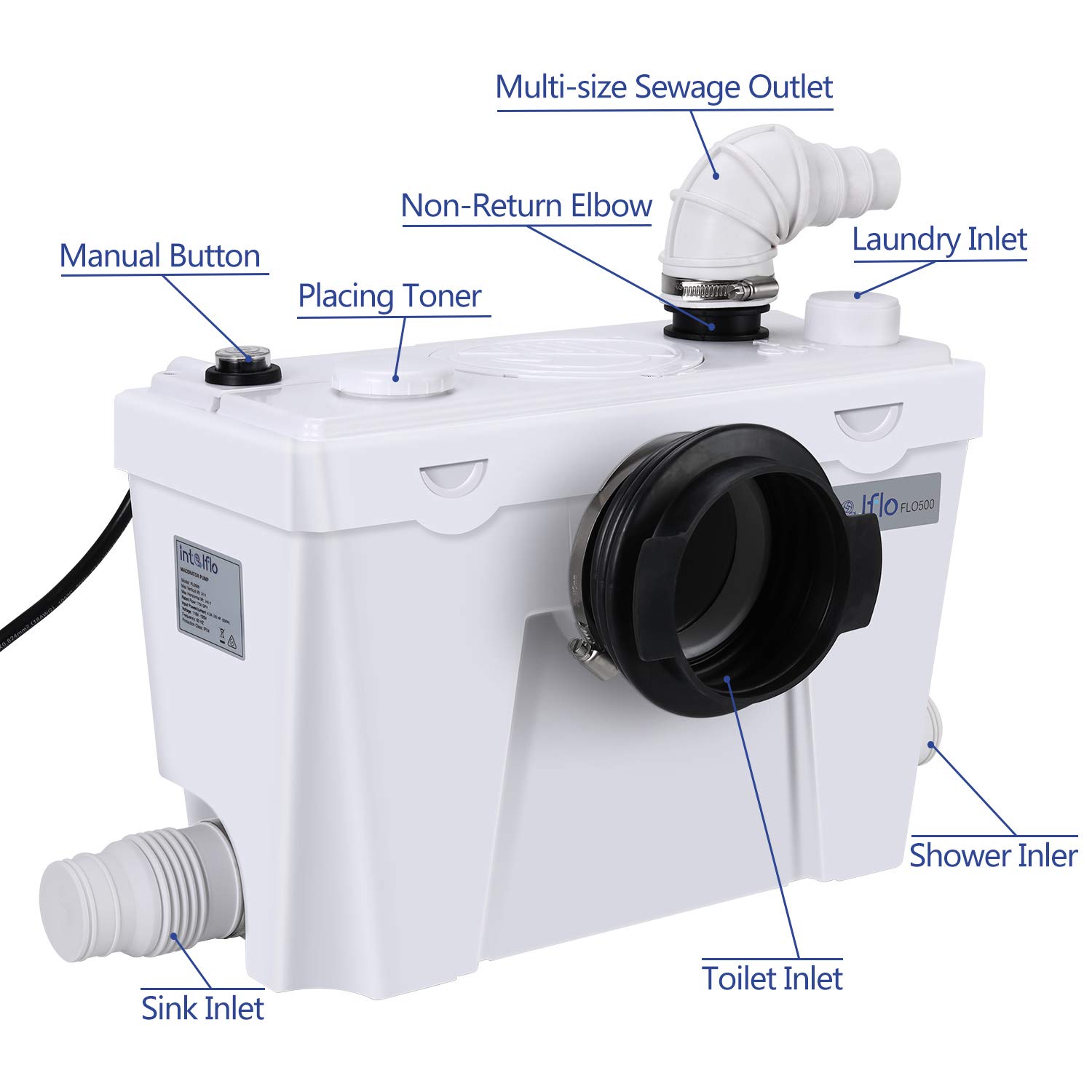 INTELFLO Macerating Toilet Kit Included 500Watt Macerator Pump and