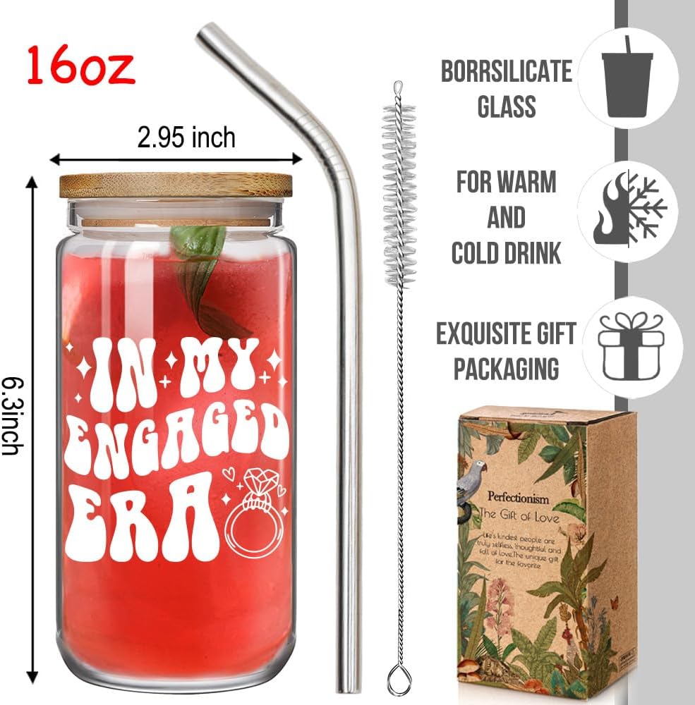 Unique Brides Engagement 16oz Glass Cup with Lid and Straw Gifts for Bride to Be - In My Engaged Era, Cool Engagement Party Fiance Fiancée Future Mrs Bride to be Bridal Shower Gift for Women