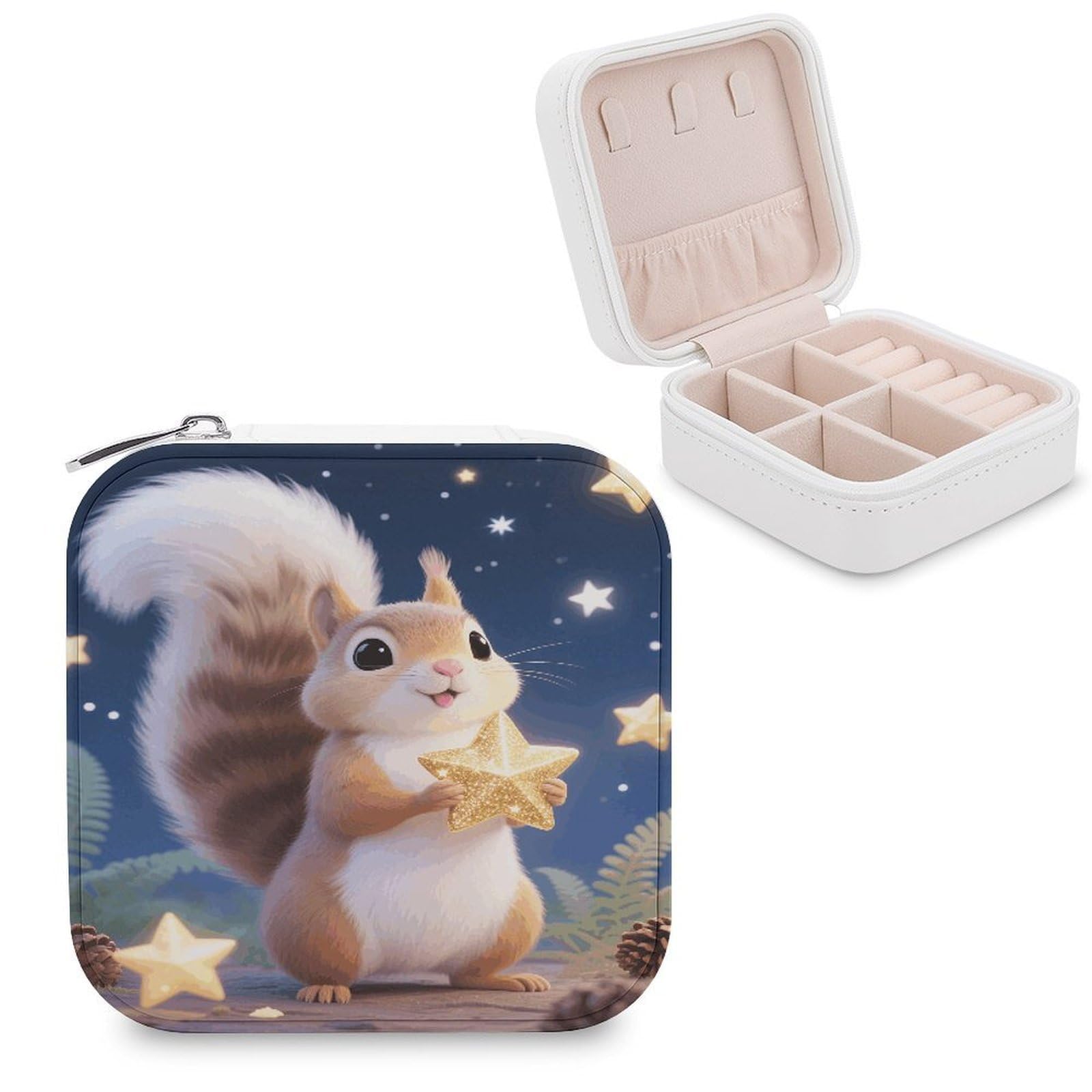 VstaDank Cute Squirrel Star Jewelry Organizer Travel Case for Women With Zipper Mini Jewelry Case PU Leather Jewelrys Box for Rings Necklaces Bracelets Earring Holder Organizer Storage