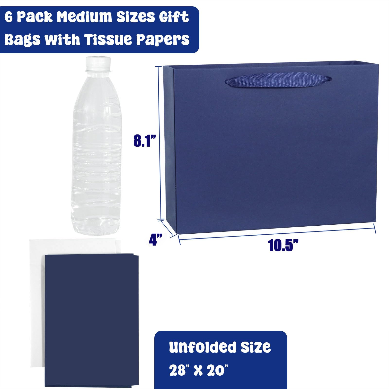 Padiaet 6 Pack Medium 10.5"x4"x8.1" Blue Gift Bags with Tissue Papers, Kraft Shopping Bags with Ribbon Handles, Retail Wrapping Set for All Occasions