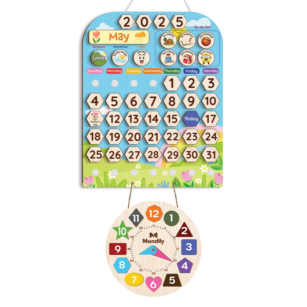 Mondily Interactive Calendar for Kids Ages 3+, Wooden Toddler Calendar, Teaching Seasons, Years, Months, Days of Week, Daily Activity Calendars for