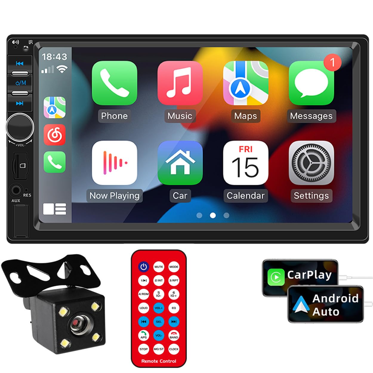 Autoradio 2 DIN Carplay Android Auto con Double DIN Auto Stereo 4LED 7 "Lettore multimediale MP5 Bluetooth USB Backup Monitor Auto Radio