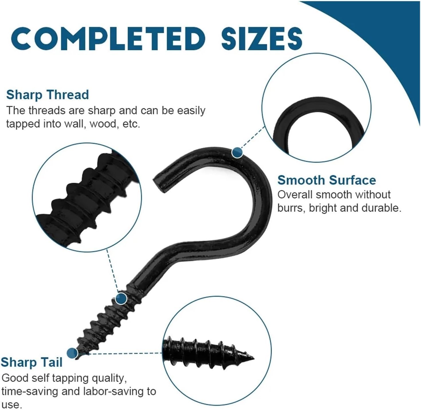 Eye Hooks Screw 100pc Screw Hooks Ceiling Cup Hook Black Zinc Plating Steel 1#-16# Screw Eyes for Hanging Lights Plant Hanger(No.2 100pcs)